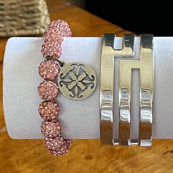 Pave Pink  Rhinestone Stretch and Silver tone Cuff Bracelets by Rustic Cuff - Picture 1 of 3